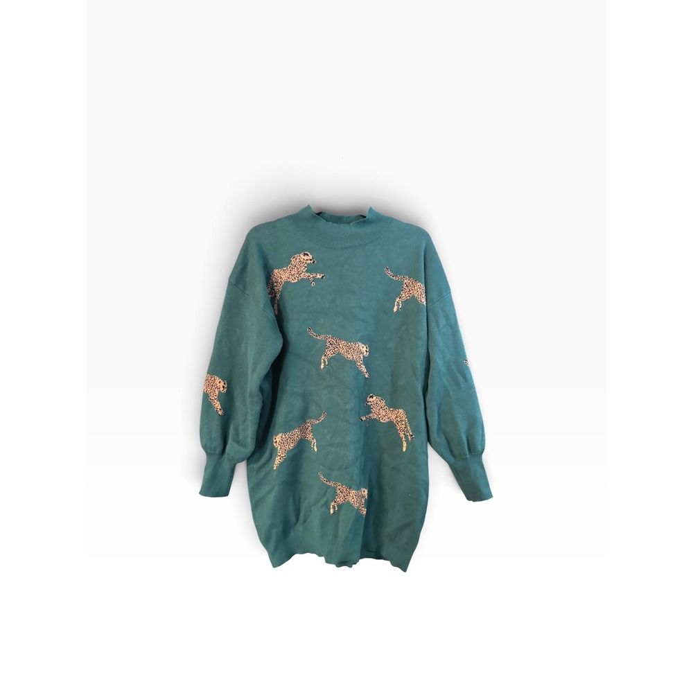 Doe and Rae Teal Green Leopard Print Mock Neck Balloon Sleeve Sweater Dress M
